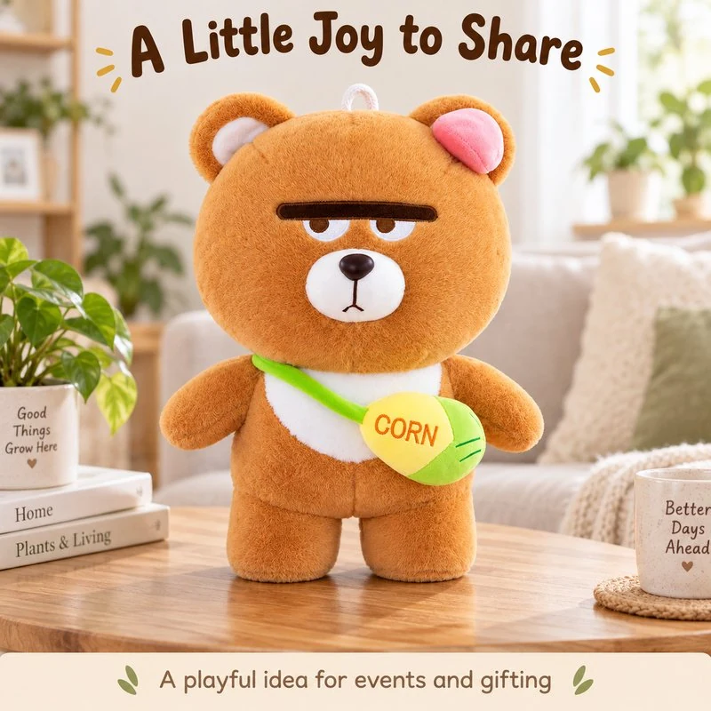 Illustrative application scene featuring corn bag grumpy brown bear plush; setting is a concept.