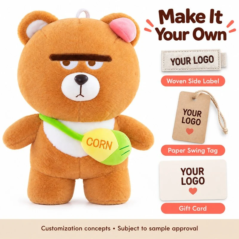 Customization concept for corn bag grumpy brown bear plush; feasibility and sample approval required.