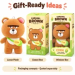 Corn Bag Grumpy Brown Bear Plush — optional packaging concept; final artwork, fit and quotation require confirmation.