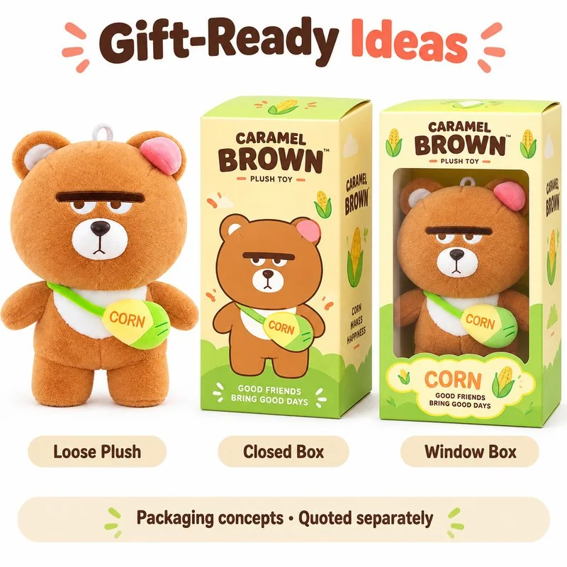 Corn Bag Grumpy Brown Bear Plush — optional packaging concept; final artwork, fit and quotation require confirmation.