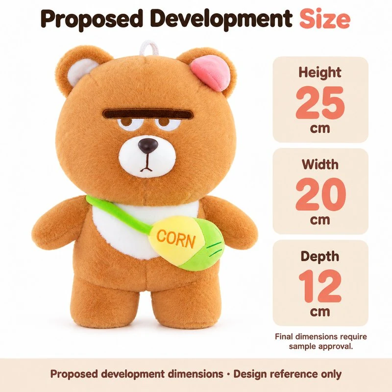 Corn Bag Grumpy Brown Bear Plush — proposed size reference; dimensions require sample confirmation.