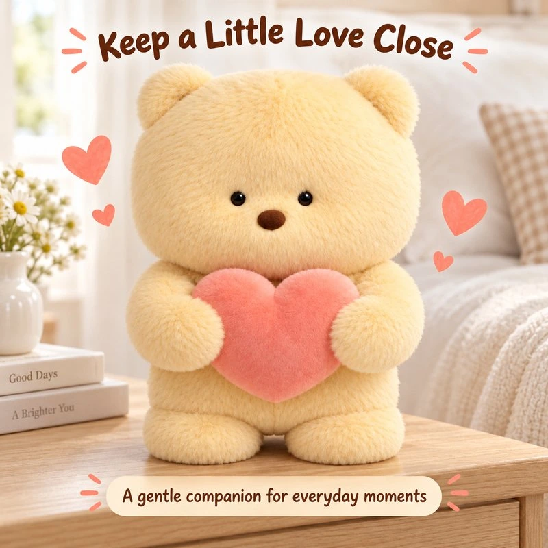 Illustrative application scene featuring cream bear with pink heart plush; setting is a concept.