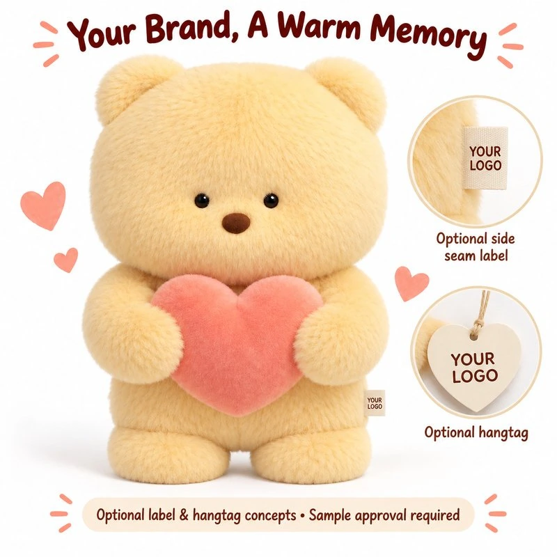 Customization concept for cream bear with pink heart plush; feasibility and sample approval required.