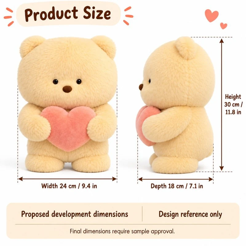Cream Bear With Pink Heart Plush — proposed size reference; dimensions require sample confirmation.