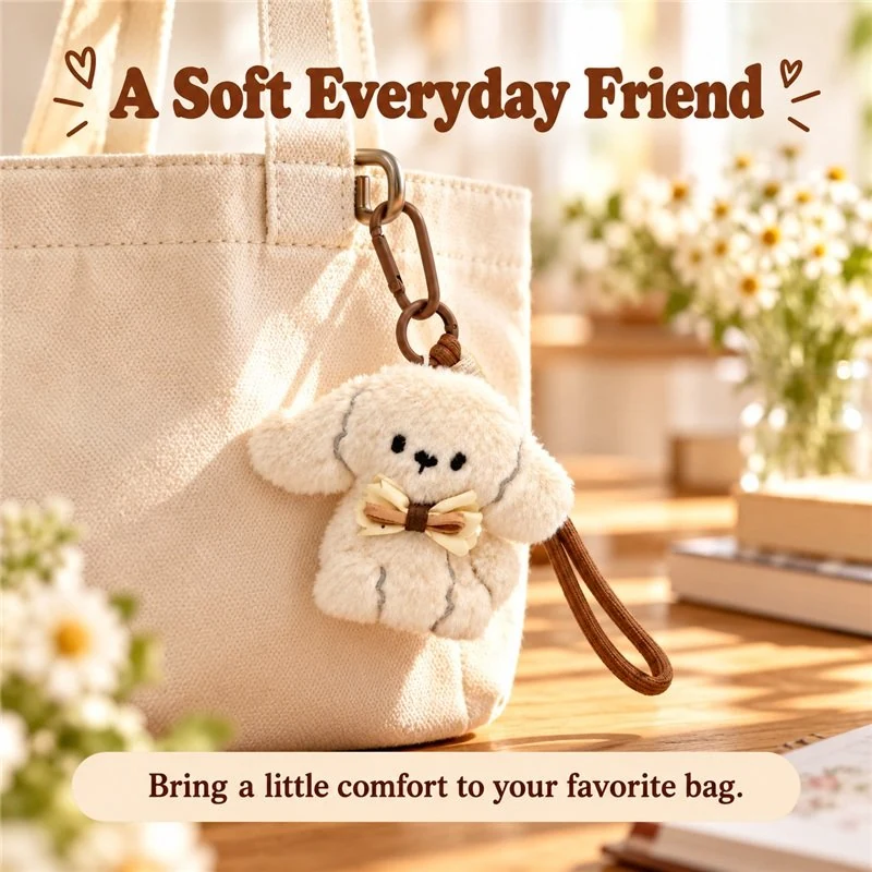 Illustrative application scene featuring cream bow puppy plush keychain; setting is a concept.