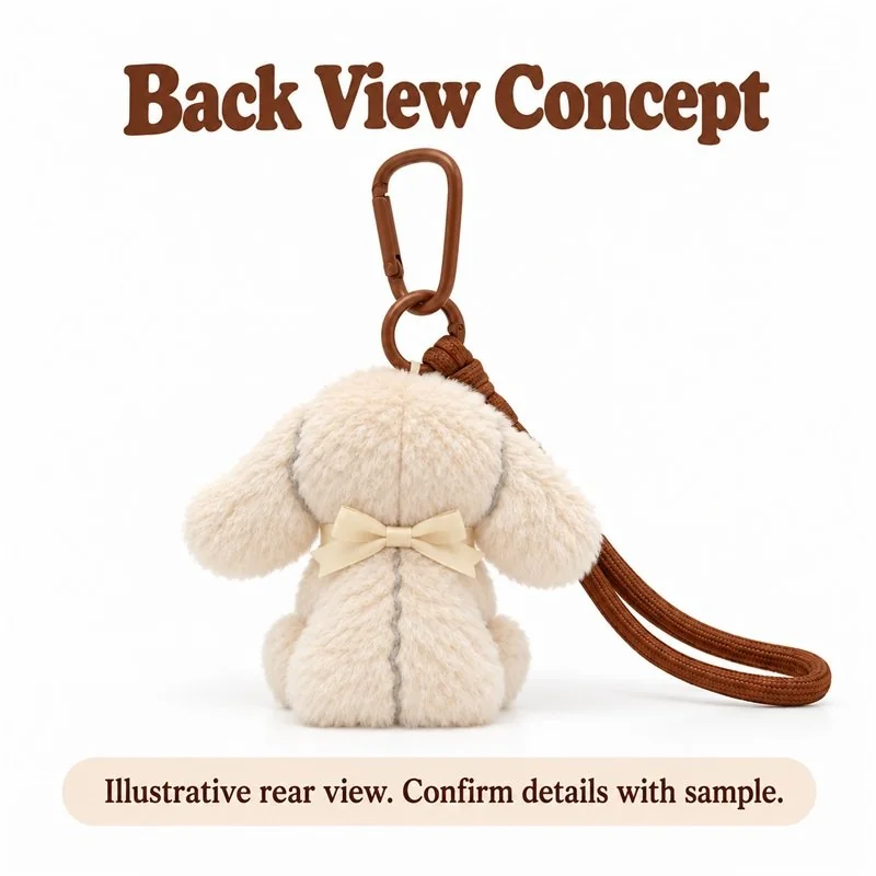 Cream Bow Puppy Plush Keychain — reverse construction concept.
