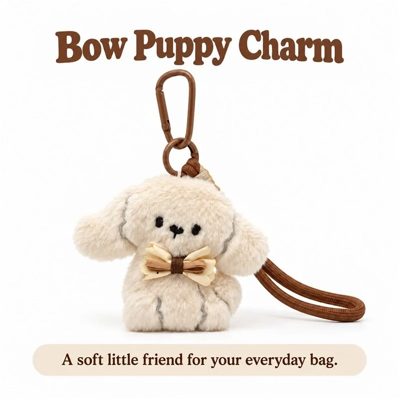 Cream Bow Puppy Plush Keychain