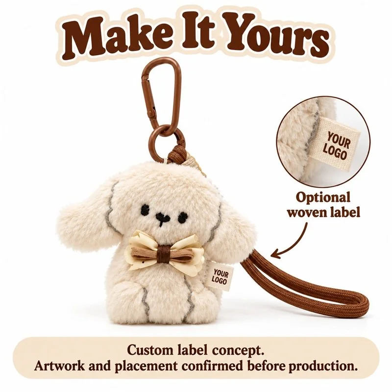 Customization concept for cream bow puppy plush keychain; feasibility and sample approval required.