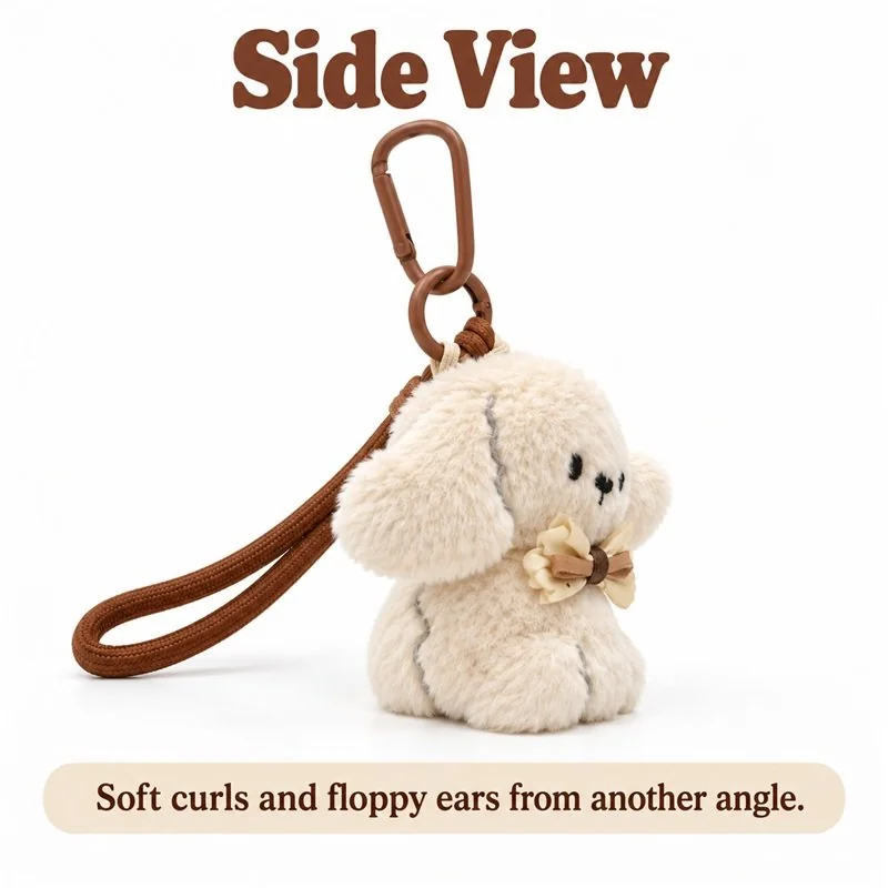 Cream Bow Puppy Plush Keychain — additional angle concept.