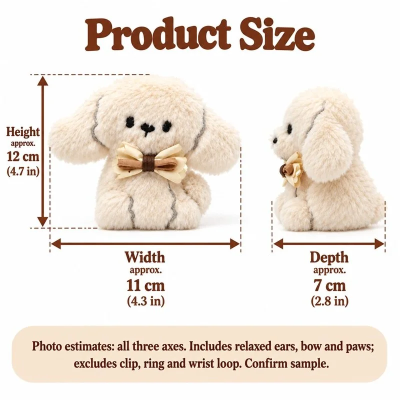 Cream Bow Puppy Plush Keychain — proposed size reference; dimensions require sample confirmation.