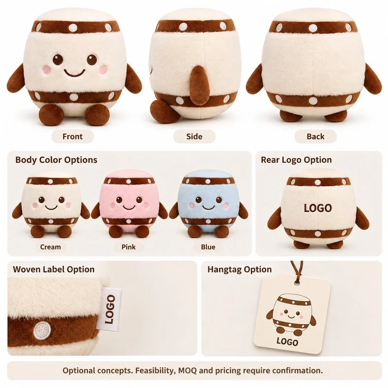 Customization concept for cream brown drum plush; feasibility and sample approval required.