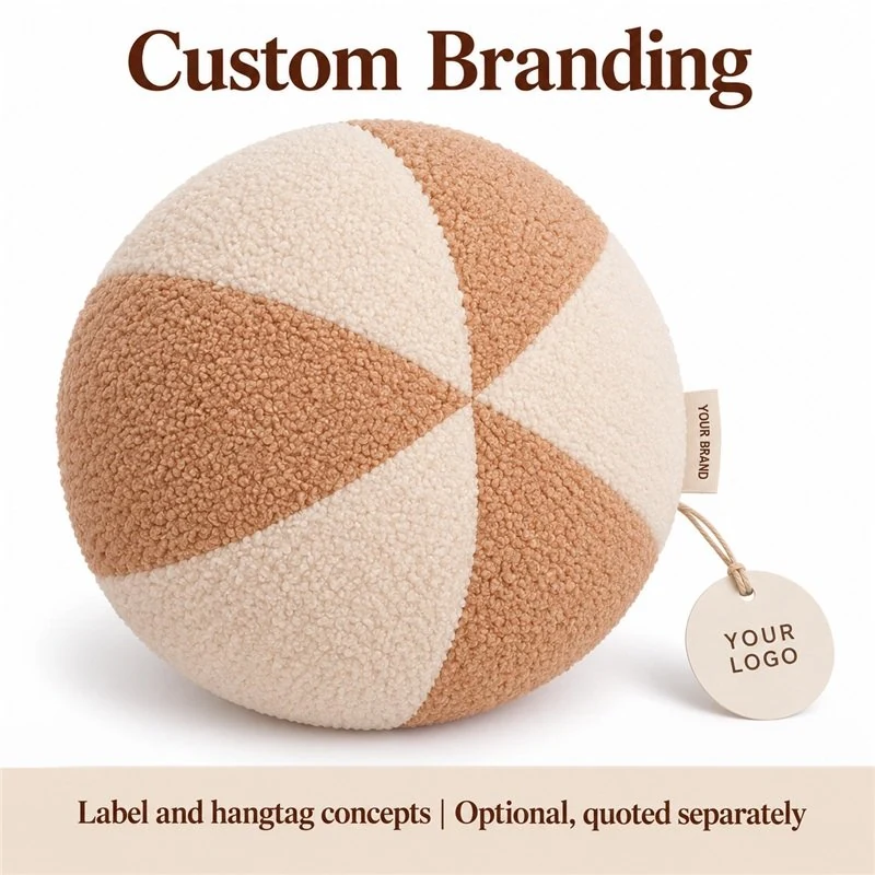 Customization concept for cream caramel round plush cushion; feasibility and sample approval required.
