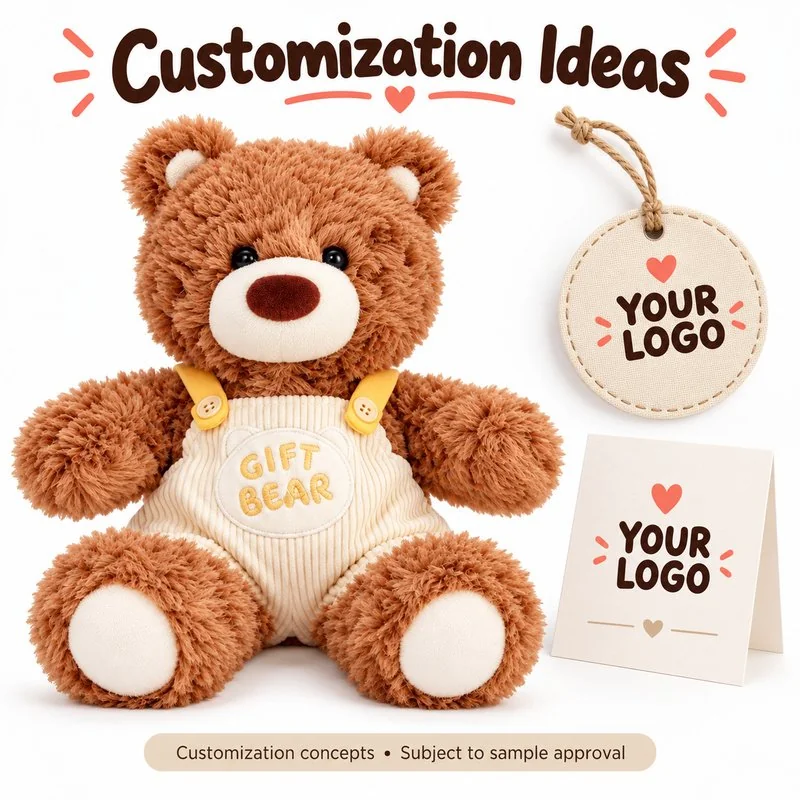 Customization concept for cream overalls brown teddy bear plush; feasibility and sample approval required.