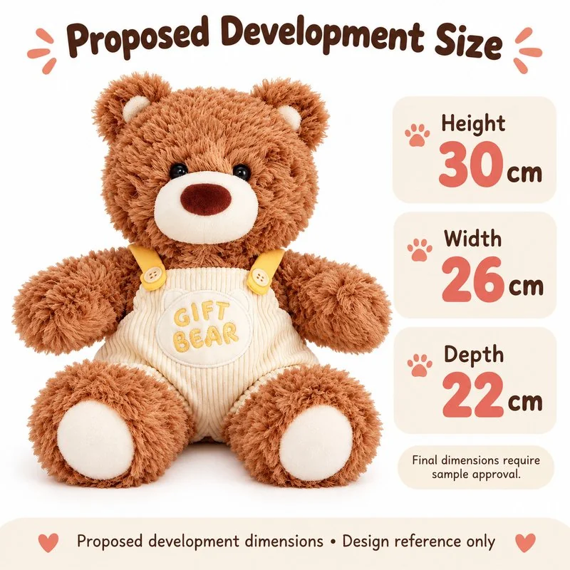 Cream Overalls Brown Teddy Bear Plush — proposed size reference; dimensions require sample confirmation.