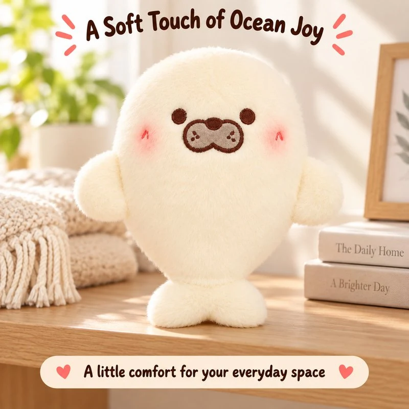 Illustrative application scene featuring cream seal plush; setting is a concept.