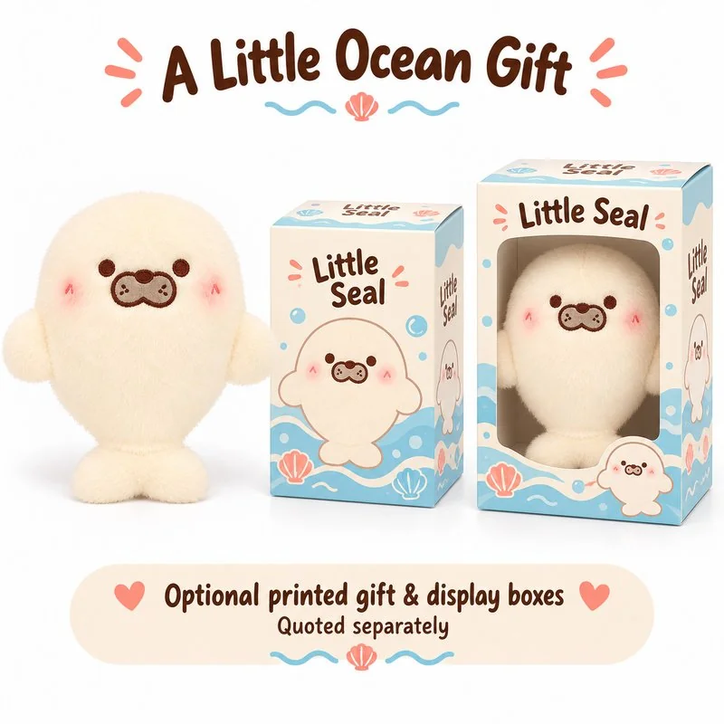 Cream Seal Plush — optional packaging concept; final artwork, fit and quotation require confirmation.