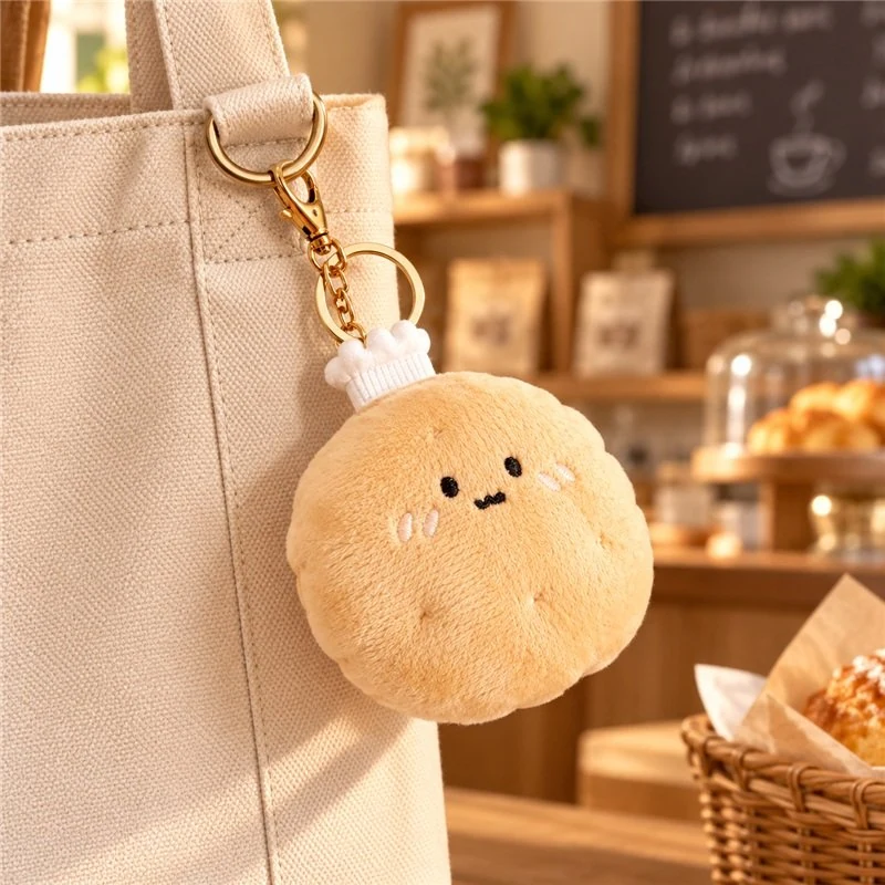 Illustrative application scene featuring chef hat cream bun plush keychain; setting is a concept.