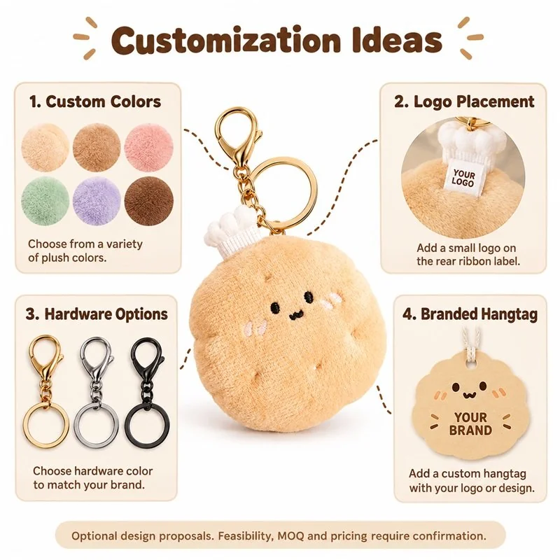 Customization concept for chef hat cream bun plush keychain; feasibility and sample approval required.