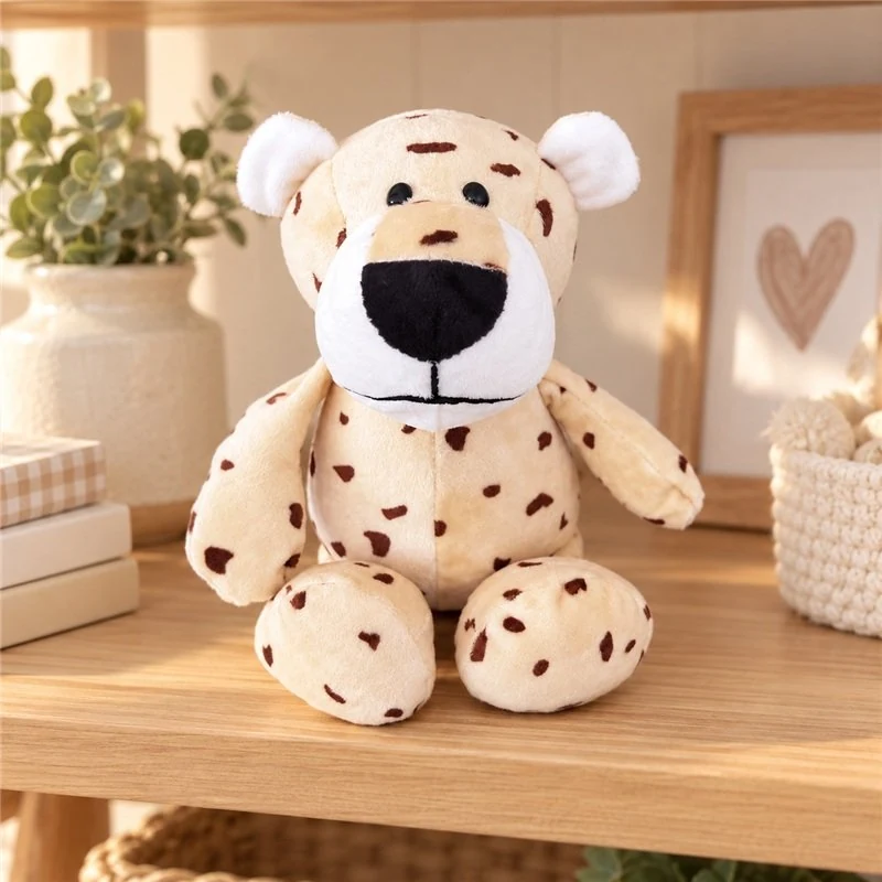 Illustrative application scene featuring cream spotted leopard plush; setting is a concept.