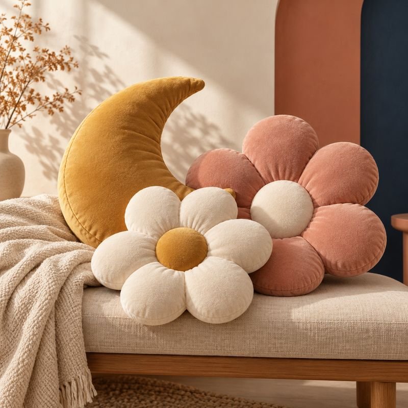 Illustrative crescent moon and daisy plush cushions