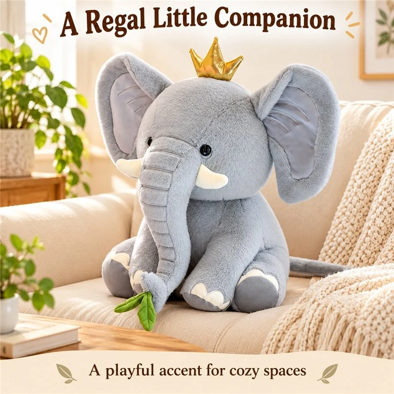 Illustrative application scene featuring crowned gray elephant plush; setting is a concept.