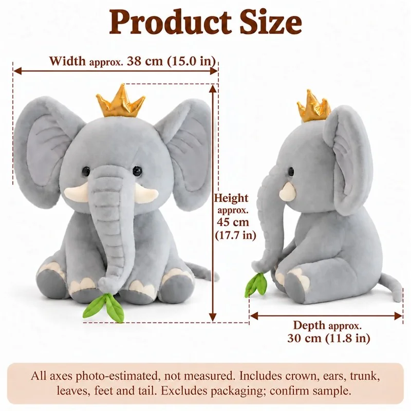 Crowned Gray Elephant Plush — proposed size reference; dimensions require sample confirmation.