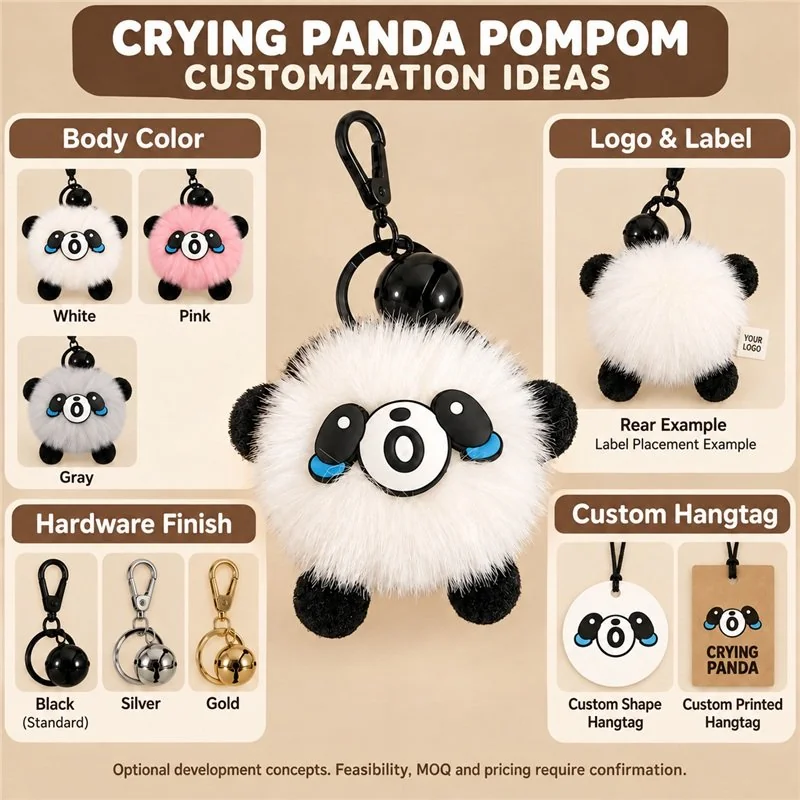 Customization concept for crying panda pompom keychain; feasibility and sample approval required.