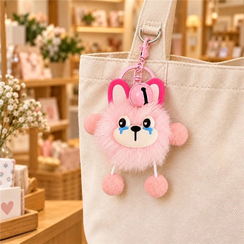 Illustrative application scene featuring crying pink bunny pompom keychain; setting is a concept.