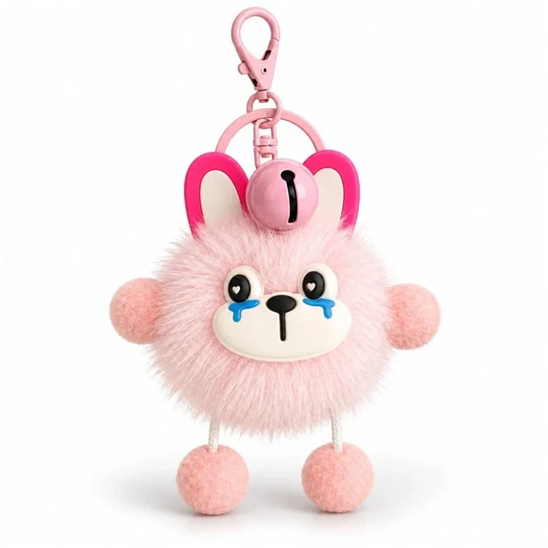 Crying Pink Bunny Pompom Keychain