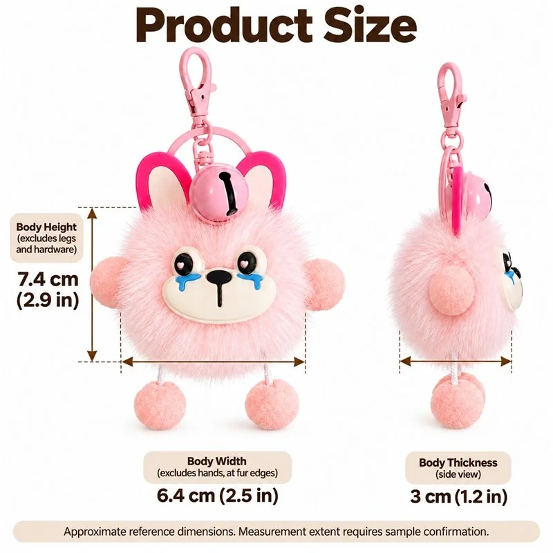 Crying Pink Bunny Pompom Keychain — proposed size reference; dimensions require sample confirmation.