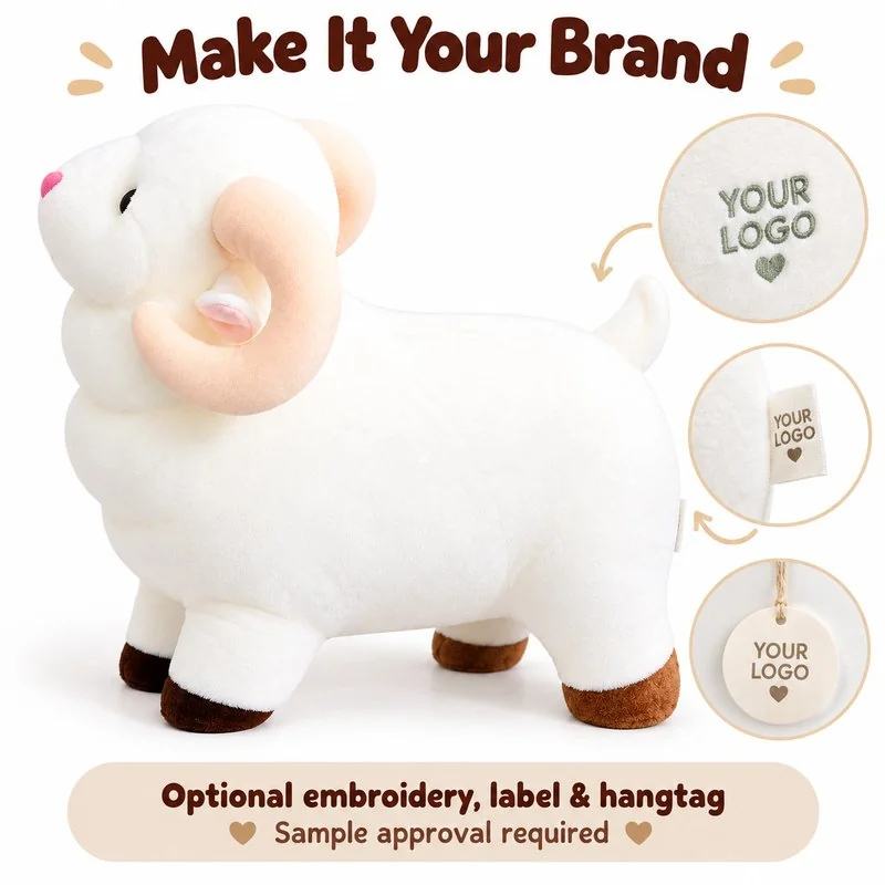Customization concept for curly horn white sheep plush; feasibility and sample approval required.