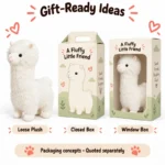 Curly White Alpaca Plush — optional packaging concept; final artwork, fit and quotation require confirmation.