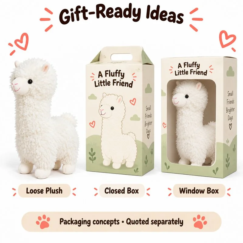 Curly White Alpaca Plush — optional packaging concept; final artwork, fit and quotation require confirmation.
