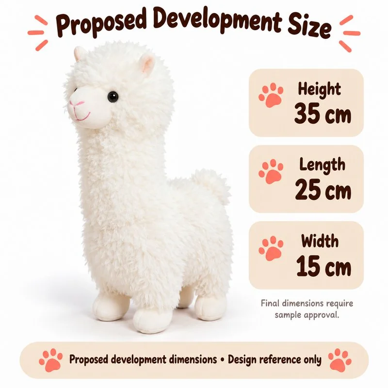 Curly White Alpaca Plush — proposed size reference; dimensions require sample confirmation.