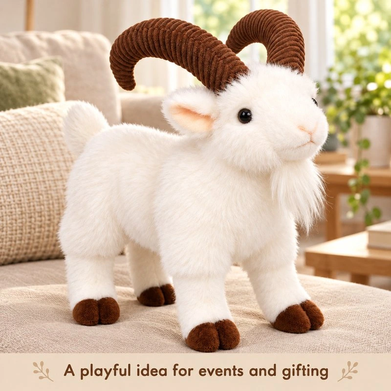 Illustrative application scene featuring curved horn goat plush; setting is a concept.