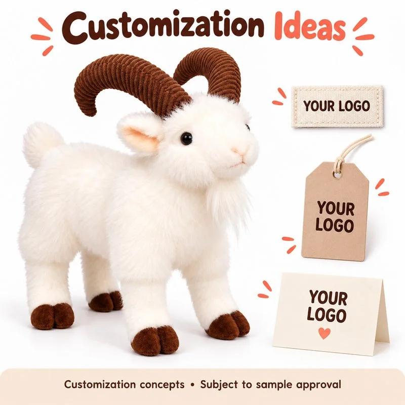 Customization concept for curved horn goat plush; feasibility and sample approval required.