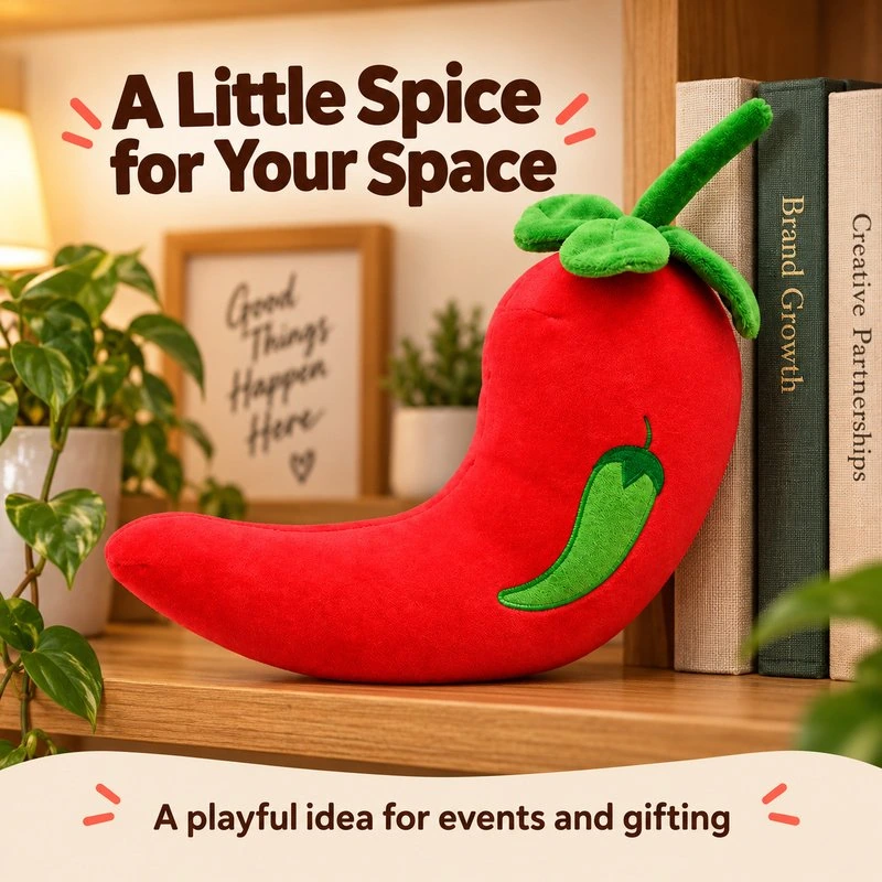 Illustrative application scene featuring curved red chili pepper plush; setting is a concept.