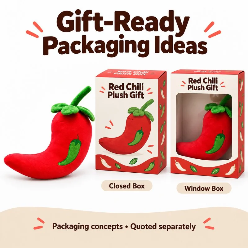 Curved Red Chili Pepper Plush — optional packaging concept; final artwork, fit and quotation require confirmation.