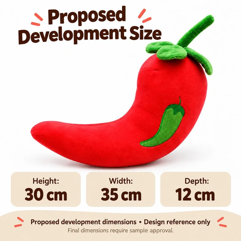 Curved Red Chili Pepper Plush — proposed size reference; dimensions require sample confirmation.