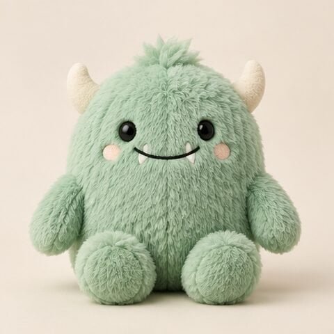 Concept mint-green plush monster with embroidered face