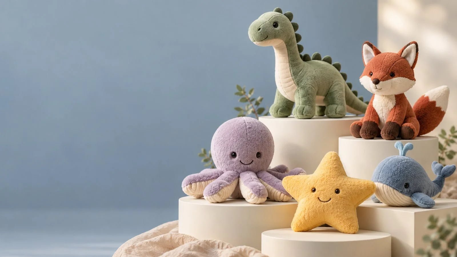 Illustrative diverse plush range on display plinths