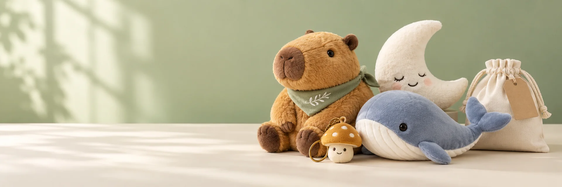 Capybara, whale, moon and miniature mushroom plush concepts with a plain gift pouch