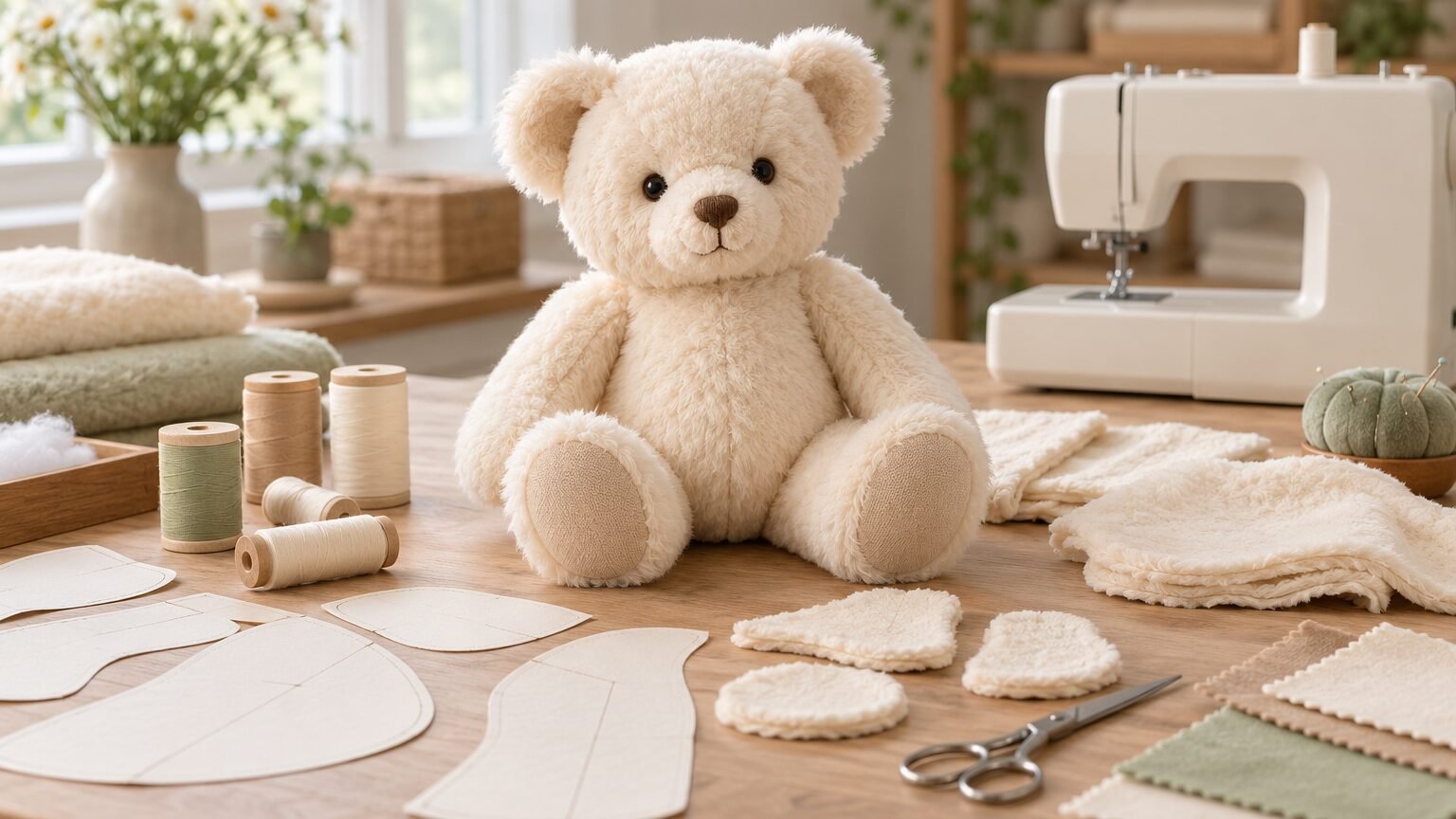 Illustrative teddy bear development scene with fabric, patterns and sewing tools
