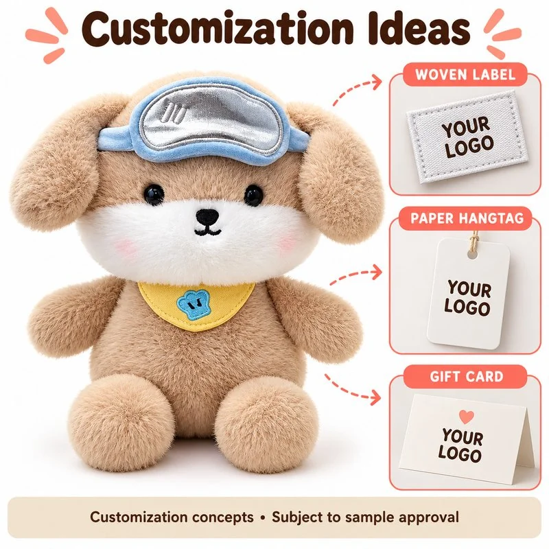 Customization concept for diving goggles brown puppy plush; feasibility and sample approval required.