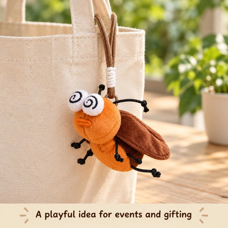 Illustrative application scene featuring dizzy cockroach plush keychain; setting is a concept.