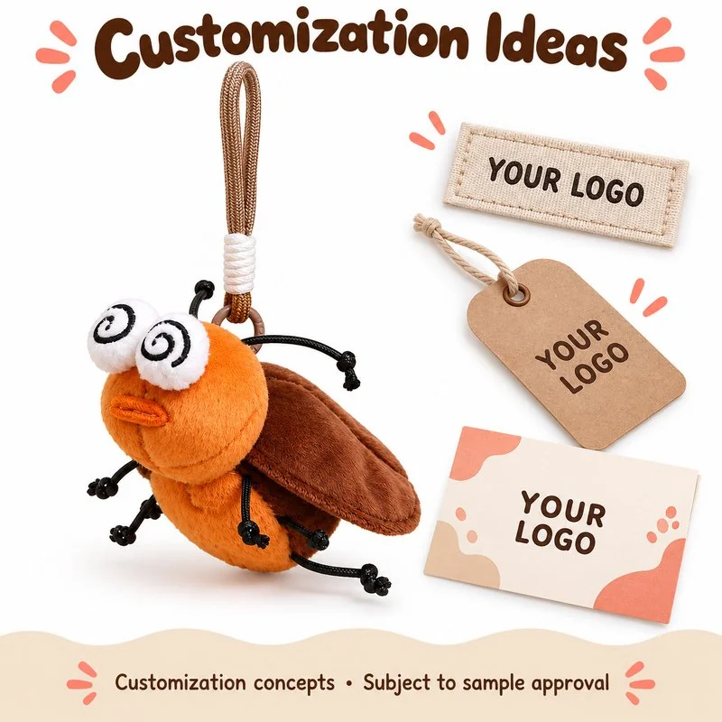 Customization concept for dizzy cockroach plush keychain; feasibility and sample approval required.