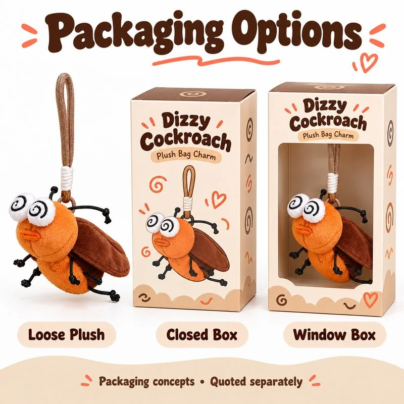 Dizzy Cockroach Plush Keychain — optional packaging concept; final artwork, fit and quotation require confirmation.