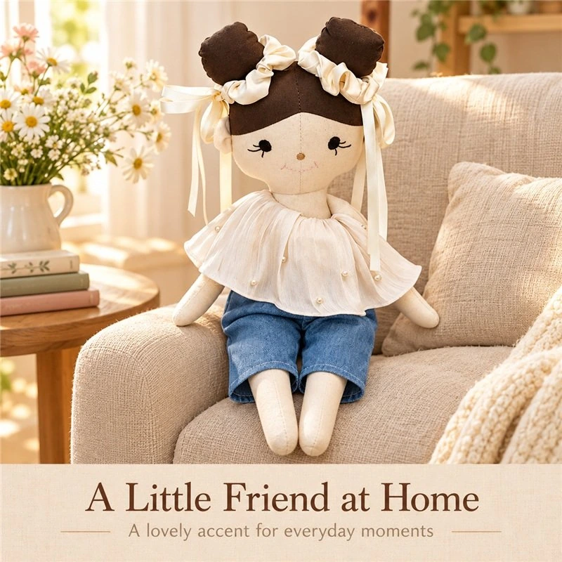Illustrative application scene featuring double bun blue trouser cloth doll; setting is a concept.