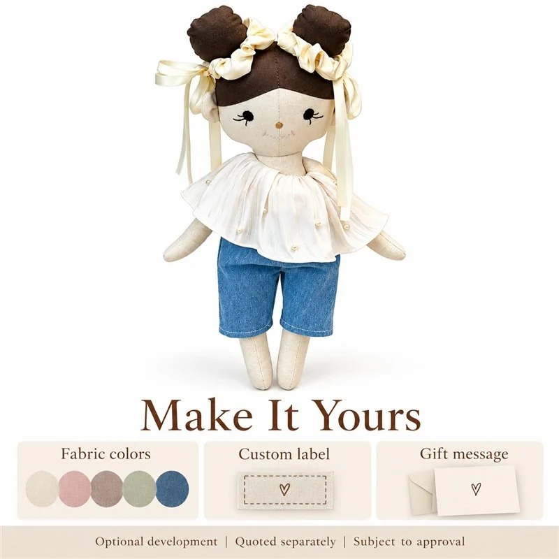 Customization concept for double bun blue trouser cloth doll; feasibility and sample approval required.