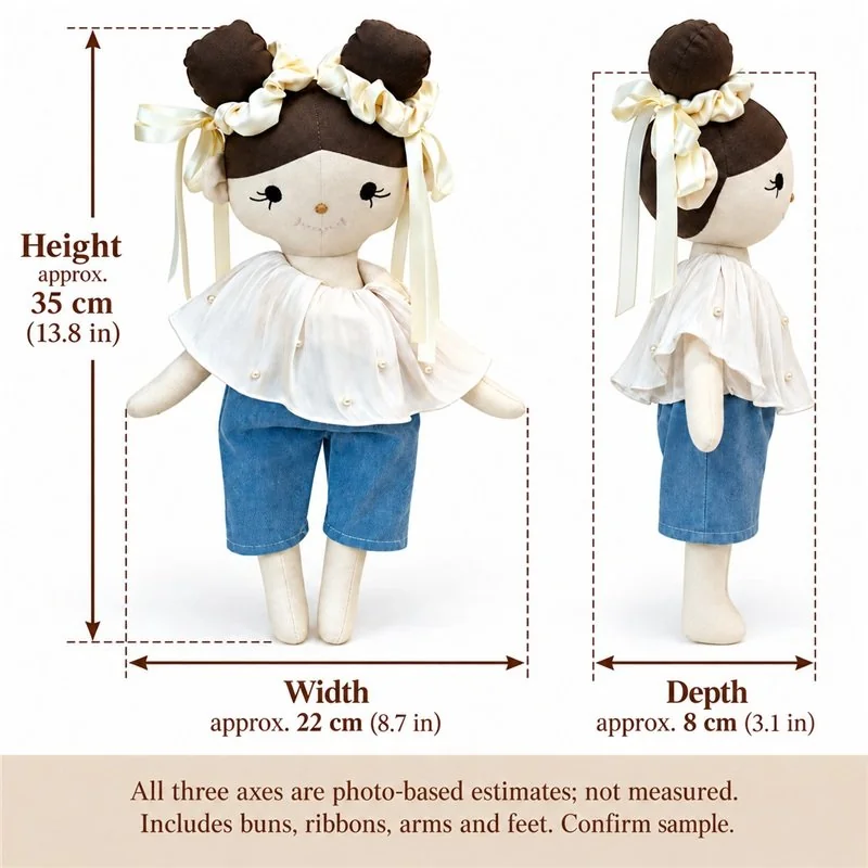 Double Bun Blue Trouser Cloth Doll — proposed size reference; dimensions require sample confirmation.